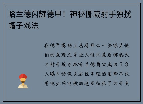 哈兰德闪耀德甲！神秘挪威射手独揽帽子戏法