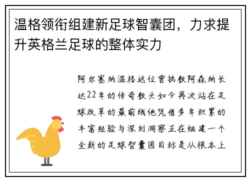 温格领衔组建新足球智囊团，力求提升英格兰足球的整体实力